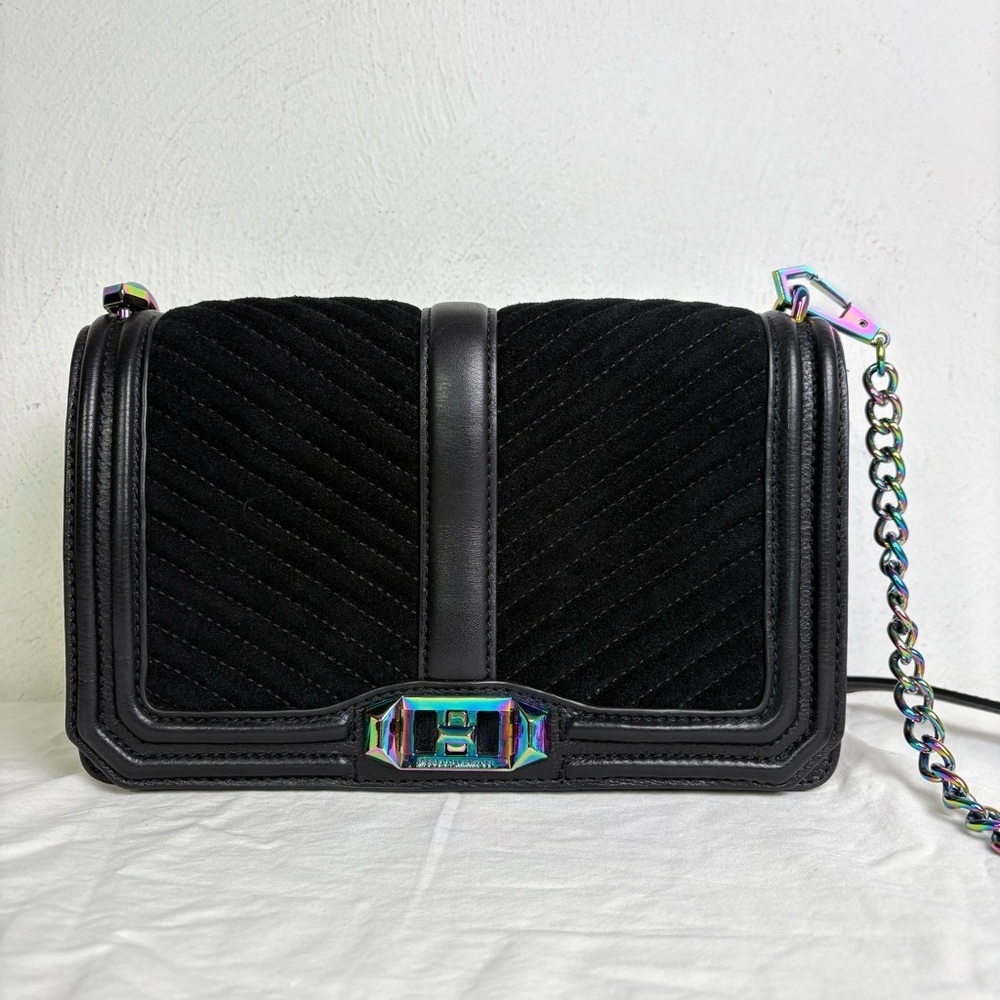 Rebecca Minkoff Oil Slick Suede Iridescent Love Chevron Quilted Crossbody Bag - Picture 14 of 16